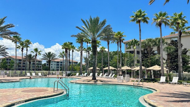 A swimming pool with clear blue water, surrounded by palm trees and lounge chairs.