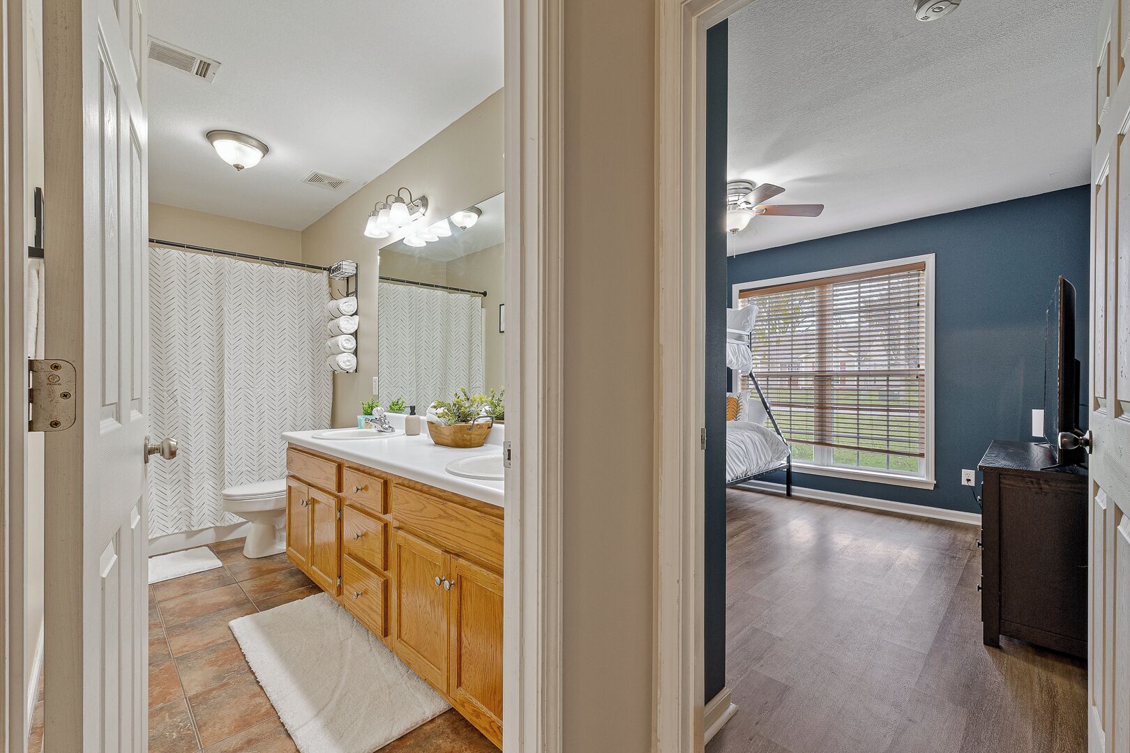 Shower, jetted tub, towels, soap