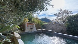 A stone pool with a wooden fence, surrounded by greenery and a stone wall.