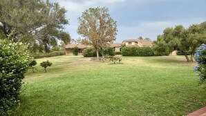 A well-maintained grassy lawn with a few trees and a building with a tiled roof in the background. - Just steps from Cala D'Ambra beach and the center of San Teodoro, we offer a practical, air-conditioned three-room apartment for 4-6 people, with acourtyard and outdoor parking space. The apartment features a living room with a sofa bed and TV, a fully e (San Teodoro)