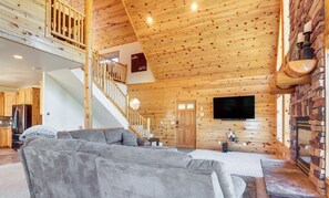 Smart TV, fireplace, books