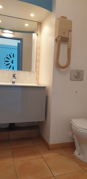 シャワー、ヘアドライヤー、タオル、トイレットペーパー