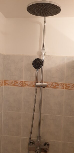 Shower, hair dryer, towels, toilet paper