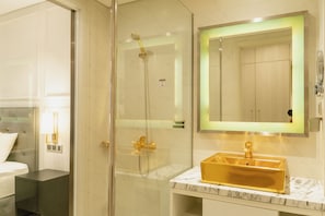 Shower, hair dryer, soap, toilet paper