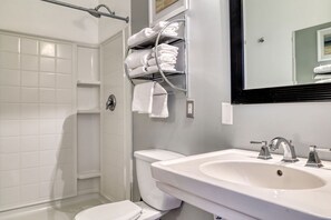 Hair dryer, towels, soap, shampoo