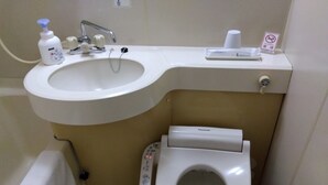 Ett litet badrum med ett vitt handfat, en toalett och en tvåldispenser.