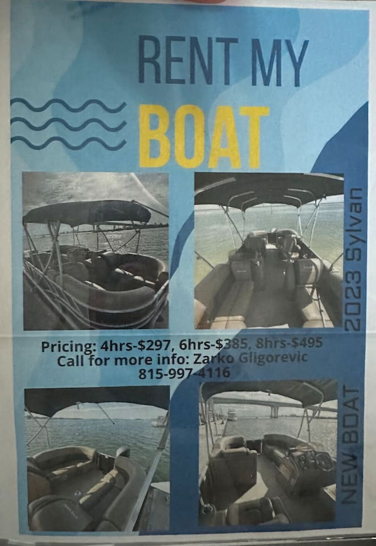 A rental advertisement for a boat with pricing details and contact information.