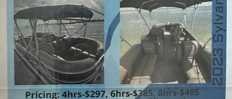 A rental advertisement for a boat with pricing details and contact information.