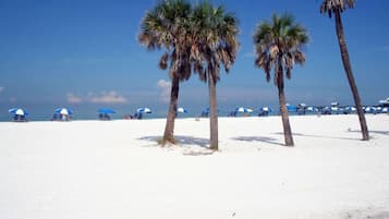 Una playa con palmeras y sombrillas azules.