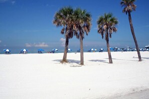 A beach with palm trees and blue umbrellas.