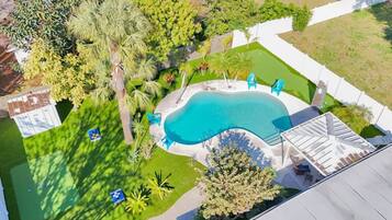 Vista aérea de un patio trasero con piscina, rodeado de palmeras y césped.