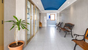 Un pasillo con una planta en maceta, un banco y una zona de recepción con ventanal.