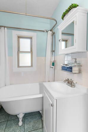Hair dryer, towels, soap, toilet paper