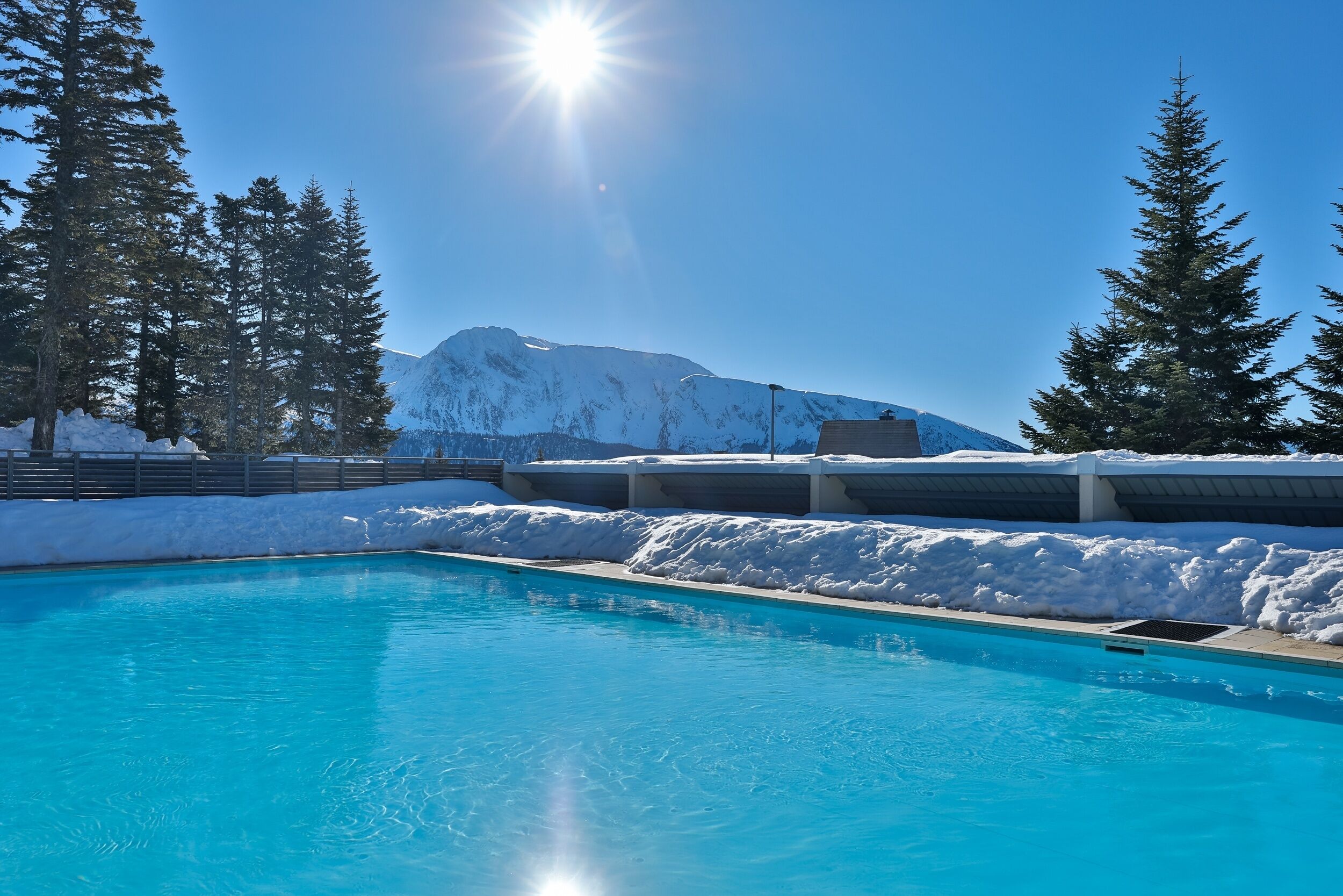 A swimming pool with a mountain backdrop, surrounded by snow and trees.