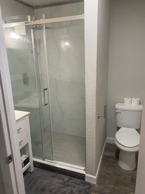 Hair dryer, towels, soap, toilet paper