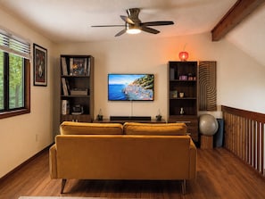 A living room with a sofa, a television, a bookshelf, and a ceiling fan.