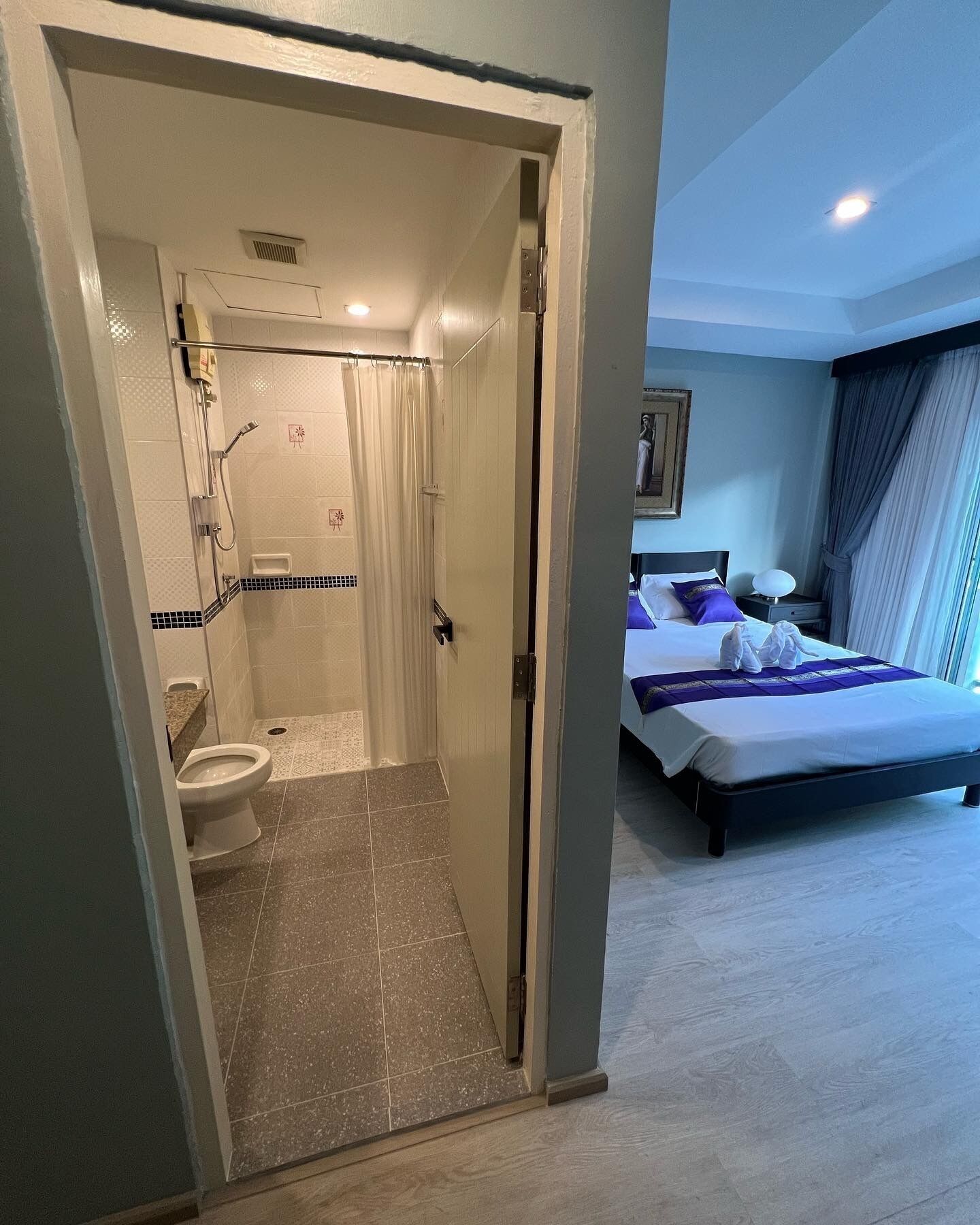 A hotel room with a shower, toilet, and bed.