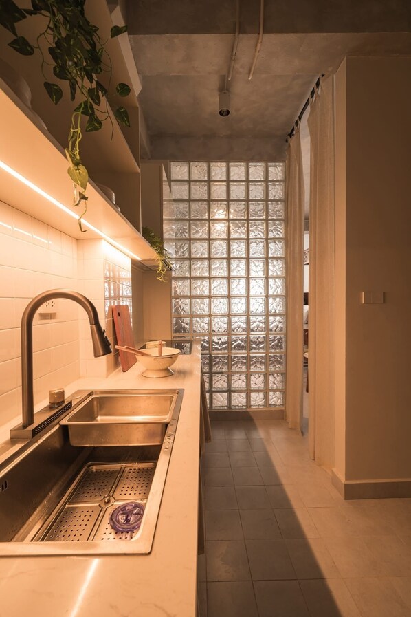Mini-fridge, microwave, stovetop, espresso maker
