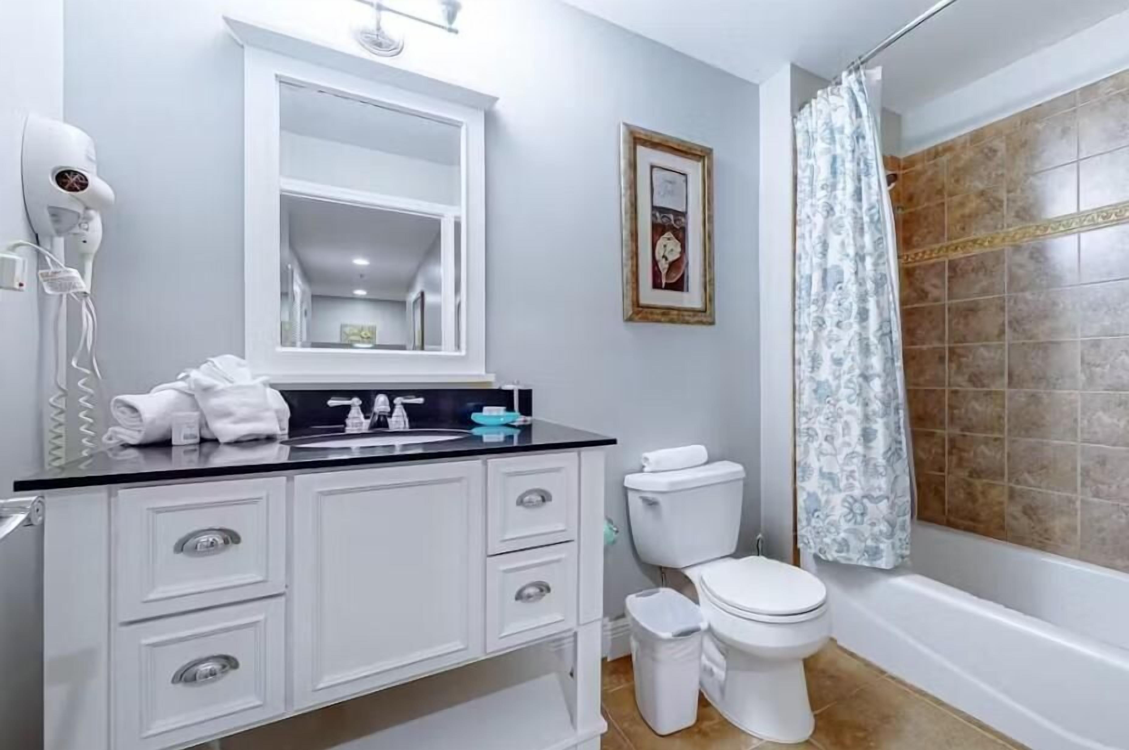 A bathroom with a white sink, mirror, and toilet. There is a hairdryer on the wall, a framed picture, and a shower curtain.