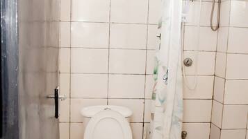 Shower, towels, soap, toilet paper