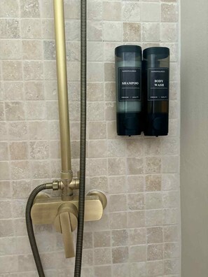 Hair dryer, towels, soap, toilet paper