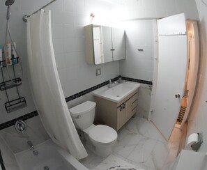 Hair dryer, towels, soap, shampoo