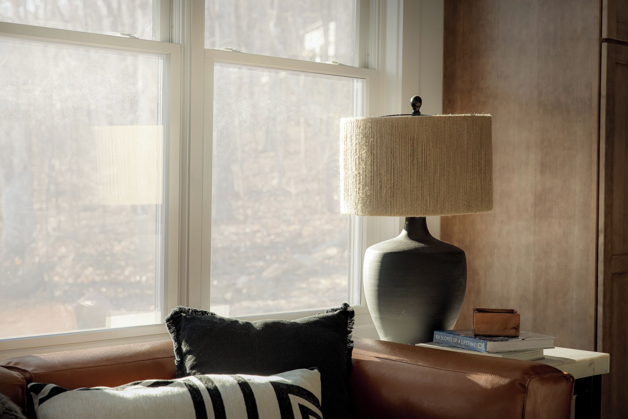 A room with a large window, a lamp, a leather sofa, and a book titled "100 Slopes of a Lifetime".