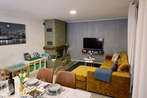 Smart TV, fireplace, video games, foosball