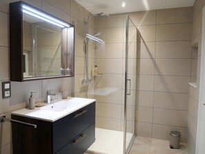 Dusche, umweltfreundliche Kosmetikartikel, Haartrockner, Handtücher