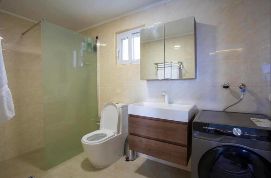 Une salle de bain équipée de toilettes, d’un lavabo, d’un miroir et d’un lave-linge.