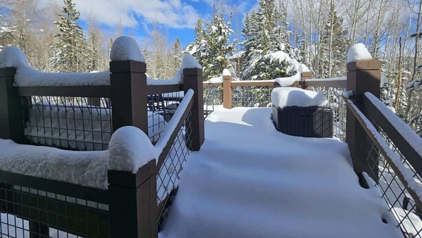 A snow-covered outdoor area with a metal fence and wooden posts, surrounded by trees and a clear sky.