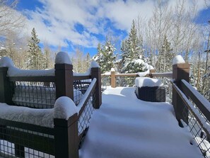 Ett snötäckt utomhusområde med ett staket av metall och trästolpar, omgivet av träd och en klar himmel.
