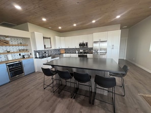 A modern kitchen with a large island, white cabinetry, stainless steel appliances, and a wooden ceiling. - Lakeview house- beach access-hunting- winter eagle viewing@ Lake McConaughy! (Lemoyne)