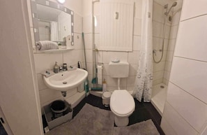 Douche, séchoir à cheveux, serviettes fournies, savon