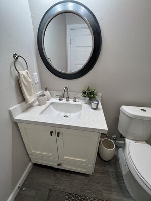 Hair dryer, towels, soap, toilet paper