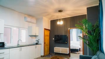 Een modern appartement met keuken, woonruimte en slaapkamer.