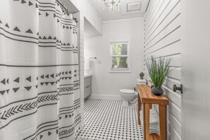 Hair dryer, towels, soap, toilet paper