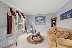 House, Multiple Beds, Patio, Garden View (Pickerington Haven) | Living area | 65-inch flat-screen TV with digital channels