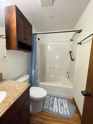 Hair dryer, towels, soap, toilet paper