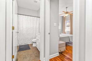 Hair dryer, towels, soap, toilet paper