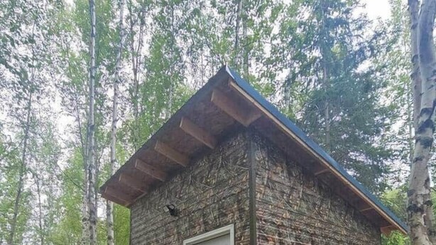 A small, rustic cabin with a wooden door and a metal roof, surrounded by trees. - Happy Trails Hideout #2 (Houston)