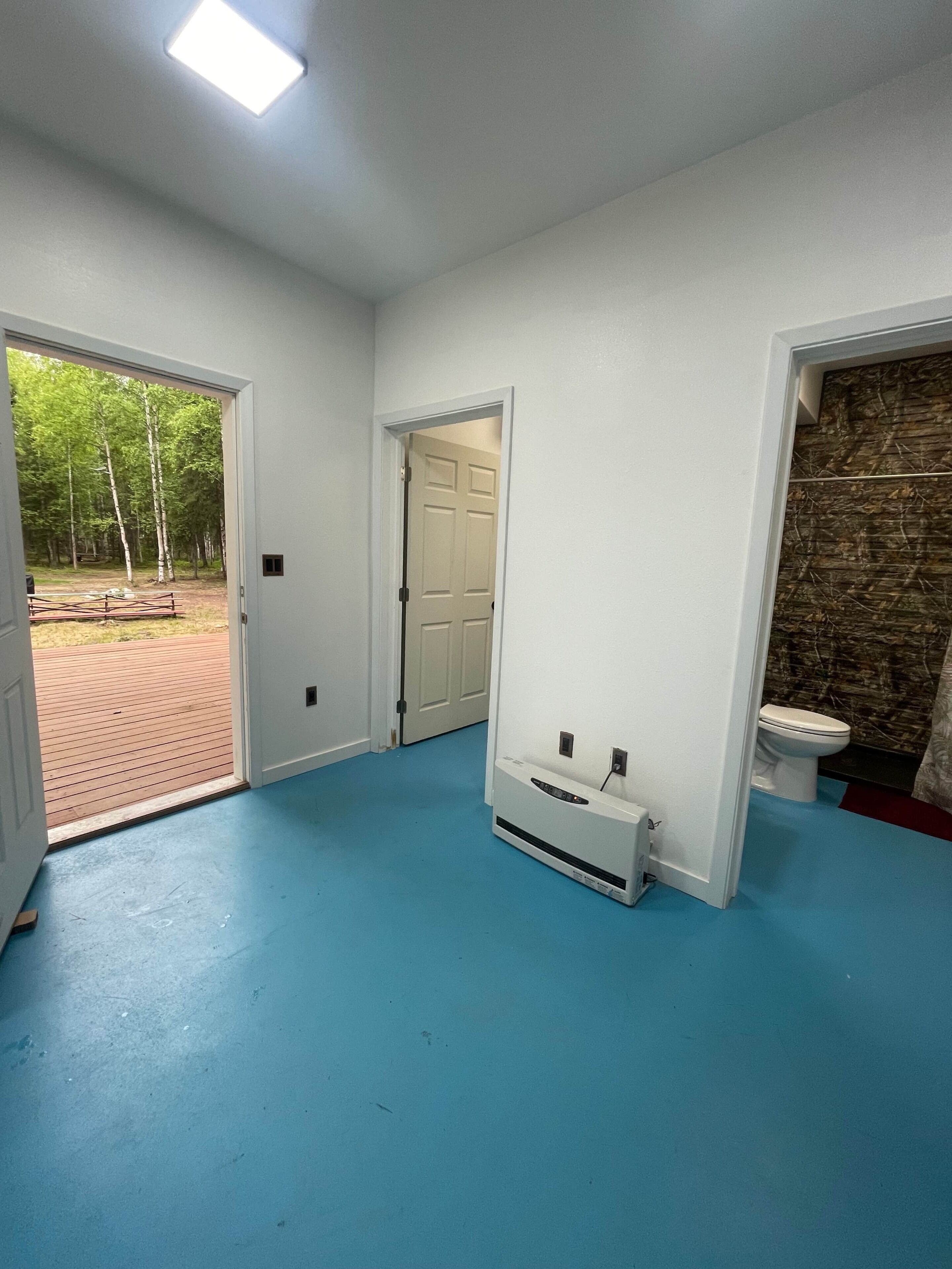 A room with a blue floor, a white door, a white radiator, and a view of a wooden deck and trees.
