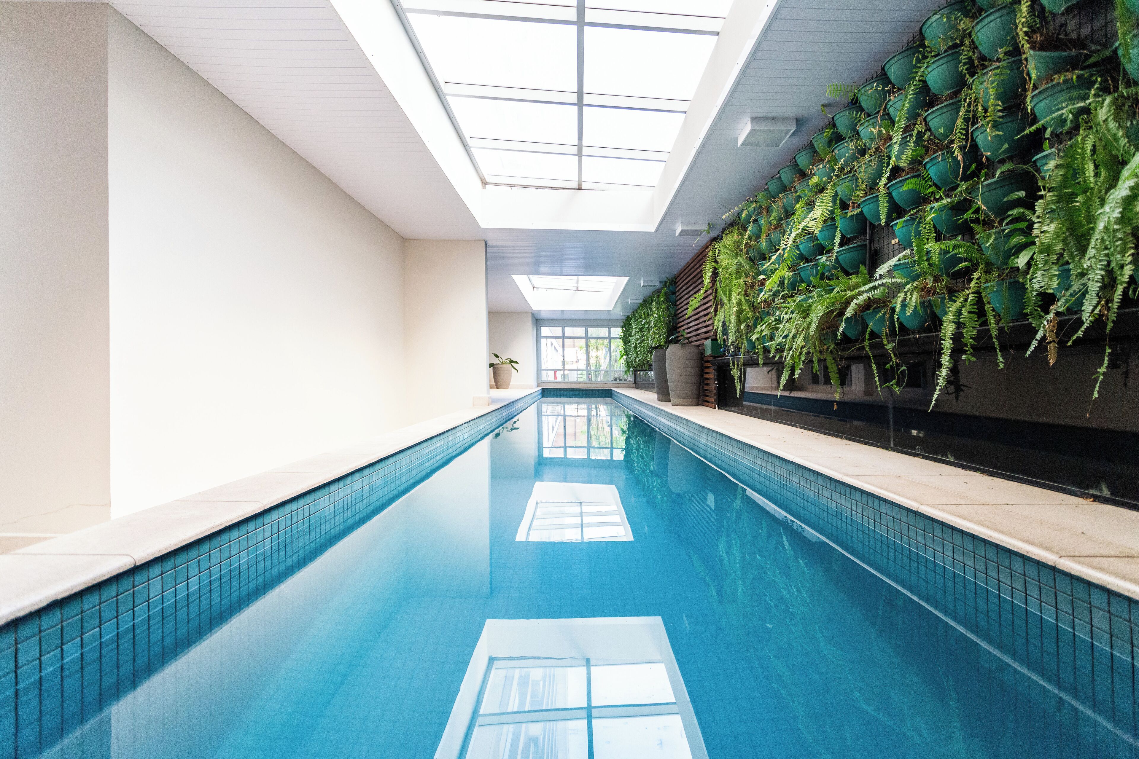 Outdoor pool, pool umbrellas, pool loungers