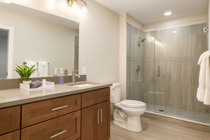 Douche, sèche-cheveux, serviettes fournies, savon