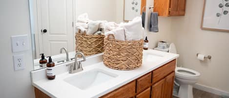 Jetted tub, towels, soap, toilet paper