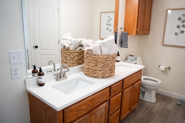 Jetted tub, towels, soap, toilet paper