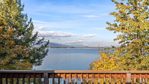 A lake with a wooden deck in the foreground.