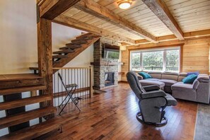 Televisión, chimenea y oficina 