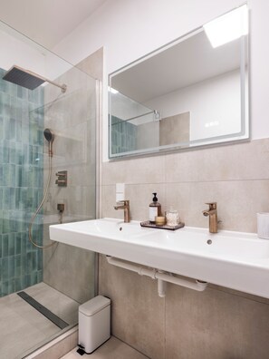 Hair dryer, towels, soap, toilet paper