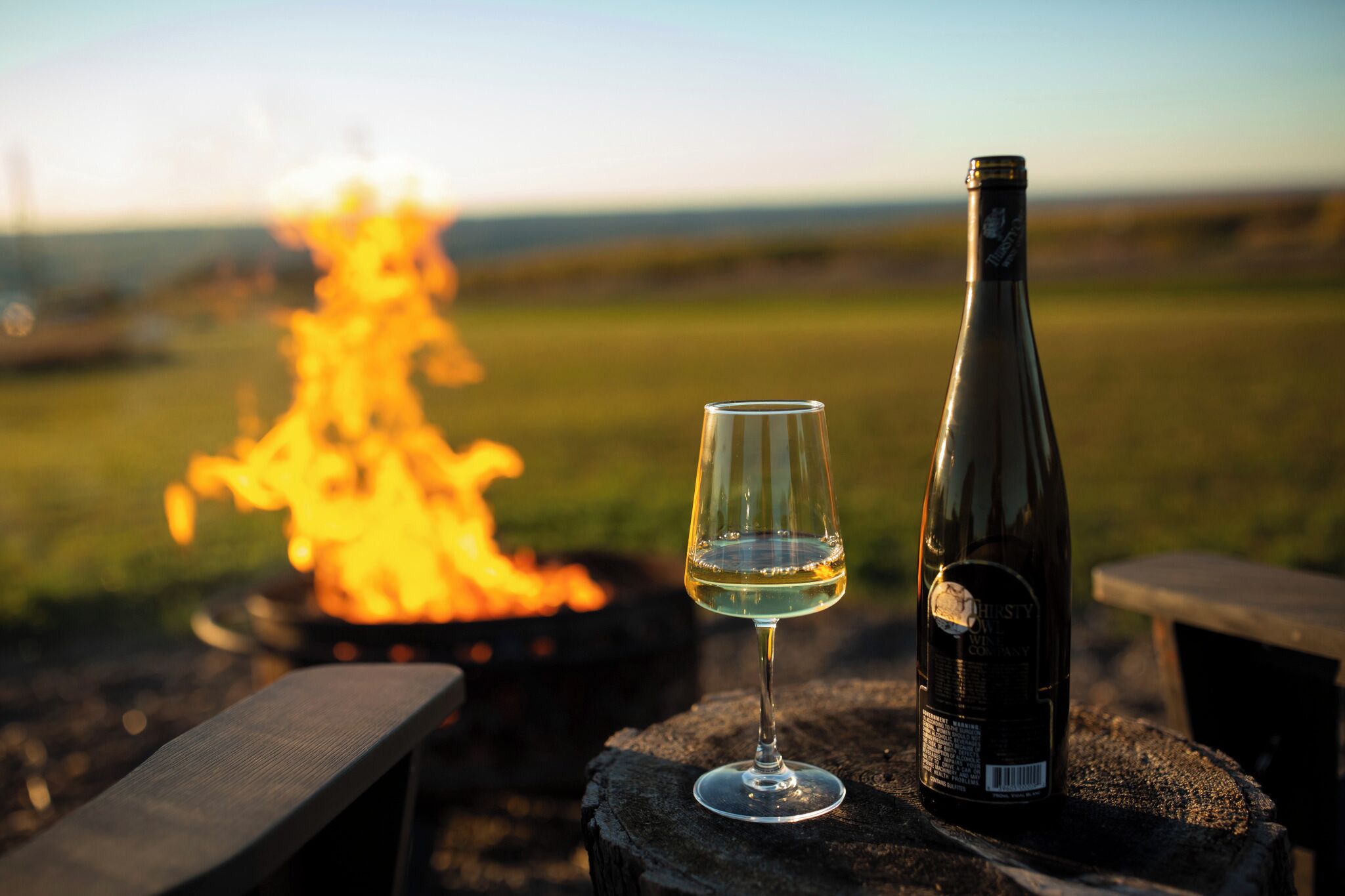 Une bouteille de vin et un verre posés sur une souche en bois, avec un feu en arrière-plan.